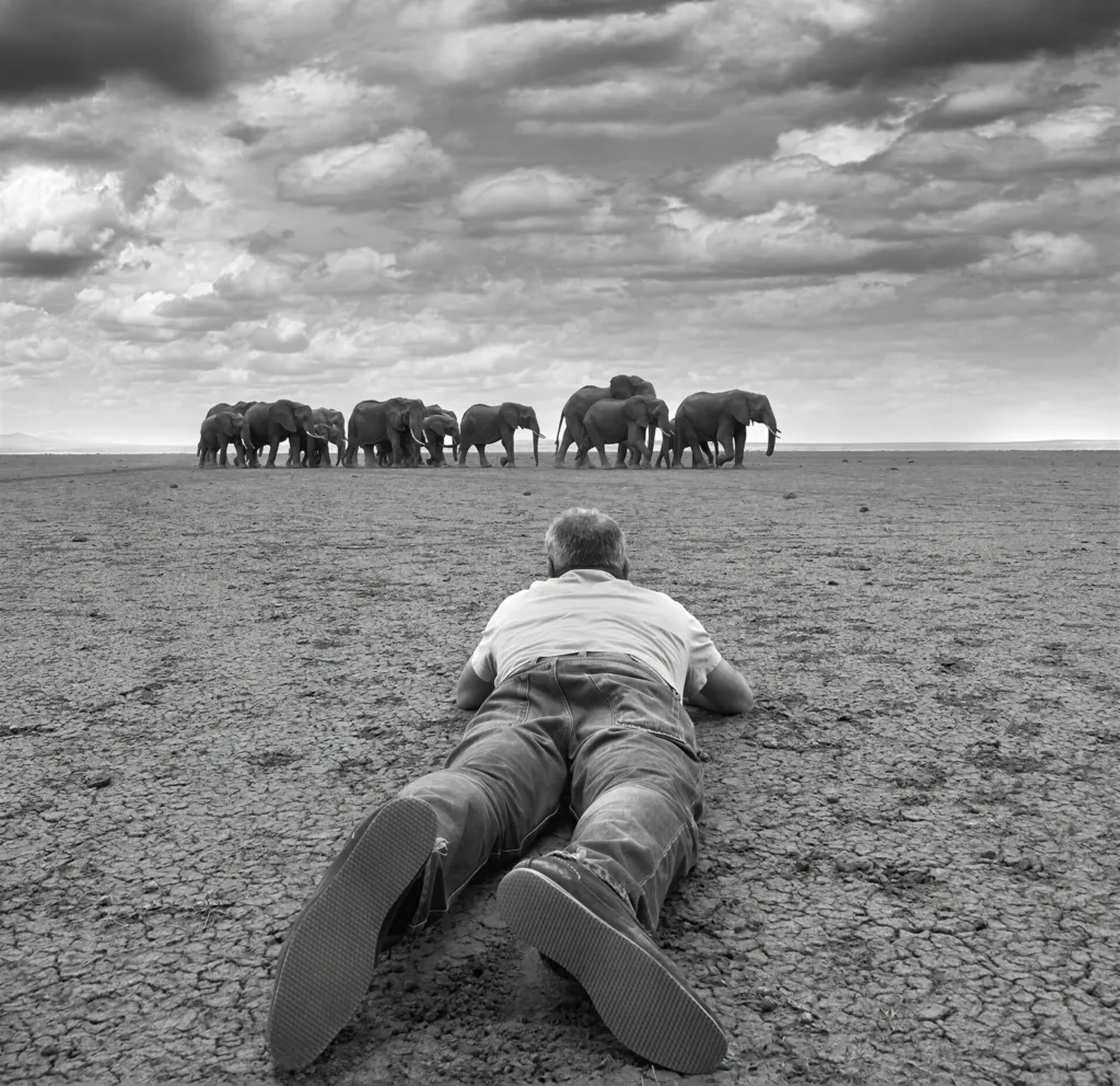 Black-and-white photograph of David Yarrow lying flat on cracked dry earth, facing a herd of elephants under a cloudy sky
