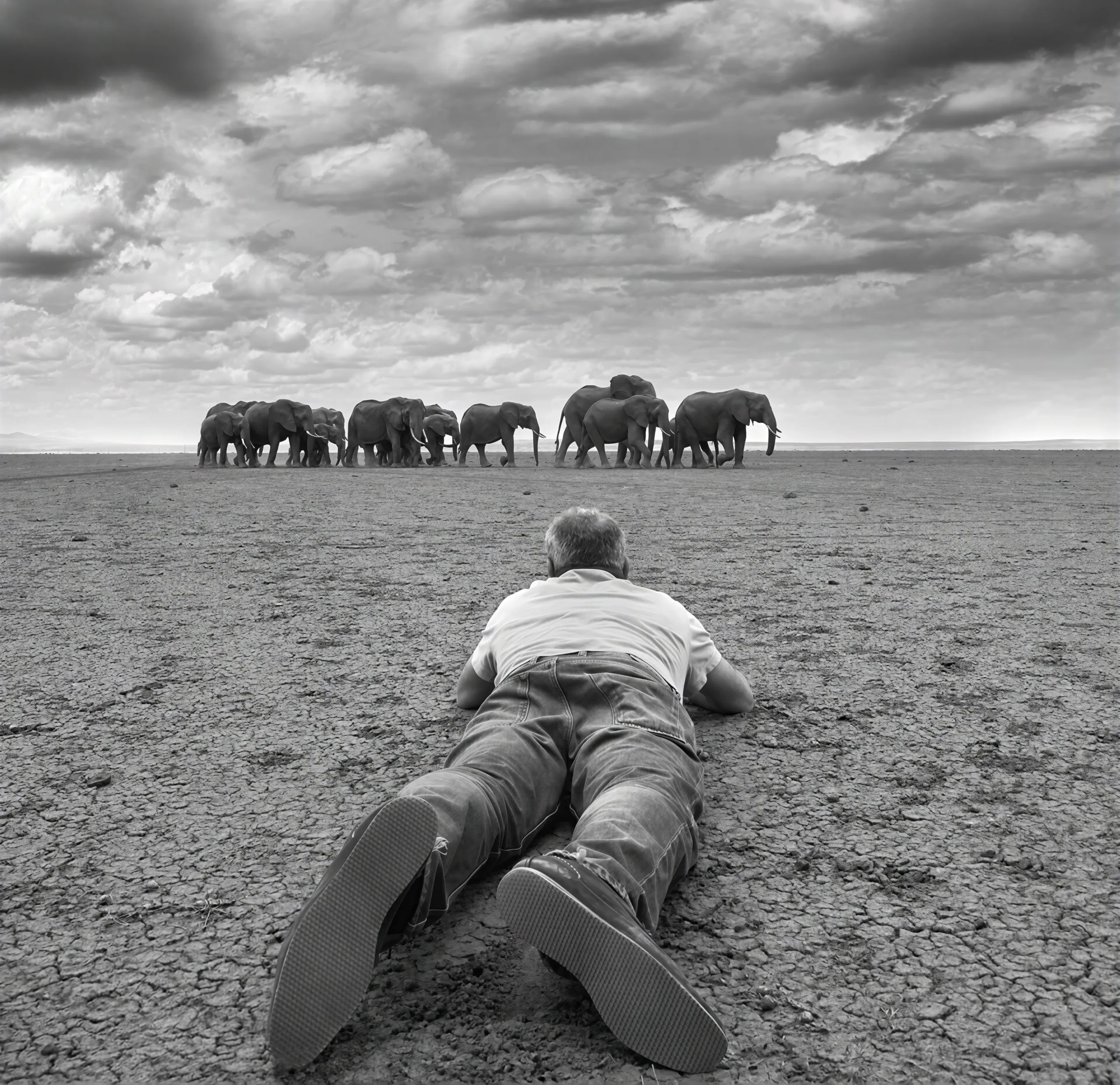 Black-and-white photograph of David Yarrow lying flat on cracked dry earth, facing a herd of elephants under a cloudy sky