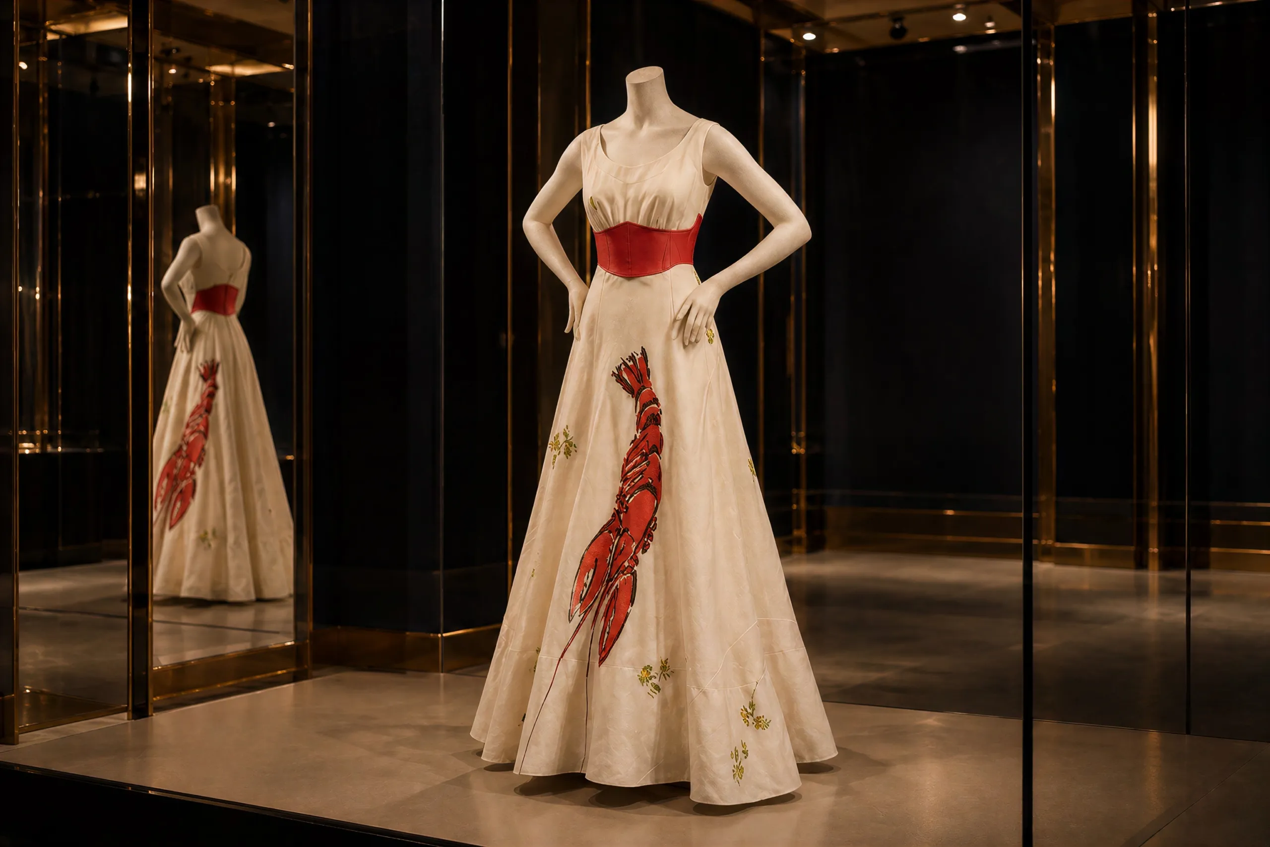 Ivory silk evening dress with a large red lobster painted across the skirt and a red waistband, on a mannequin in a dark display case, reflected in a mirror