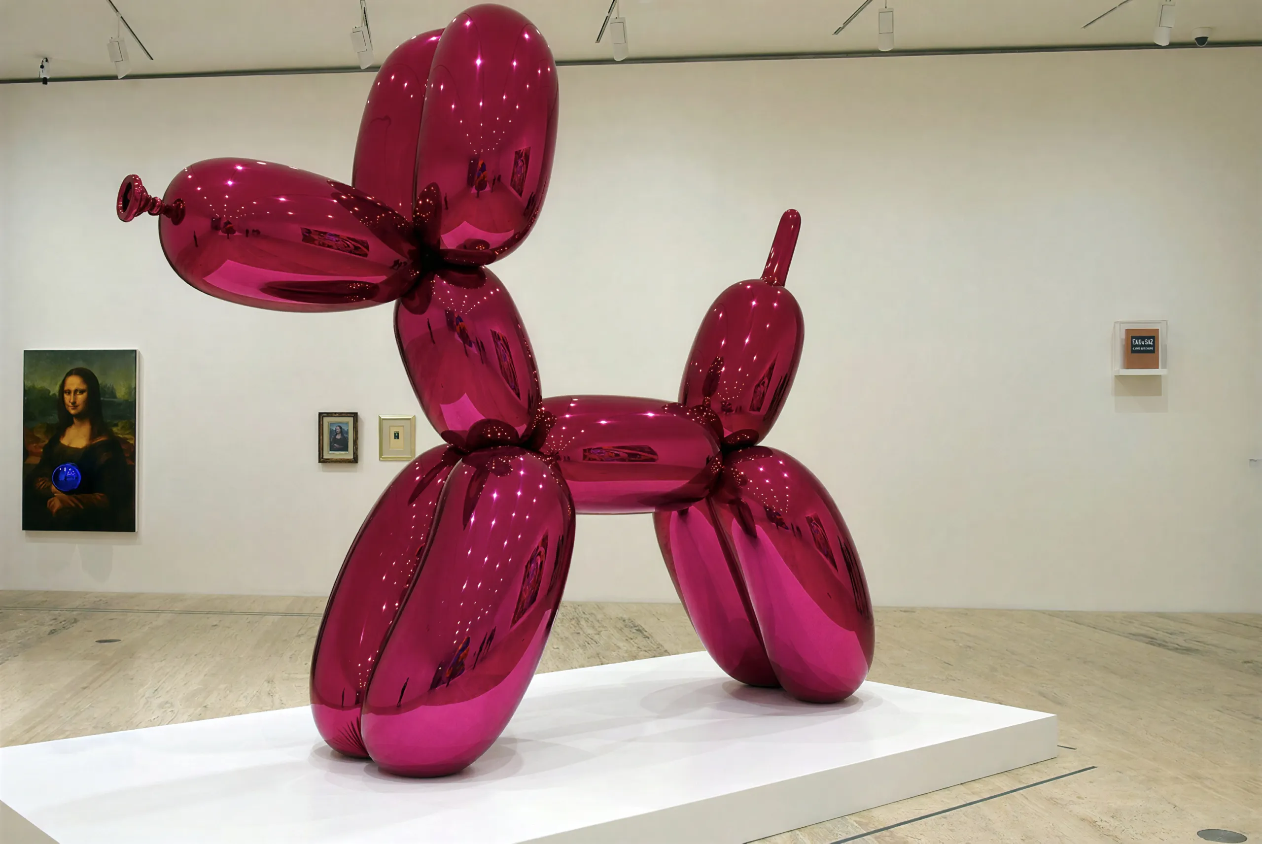 A giant magenta balloon dog sculpture in mirror-polished steel on a white plinth in a gallery, with a Mona Lisa painting on the wall behind