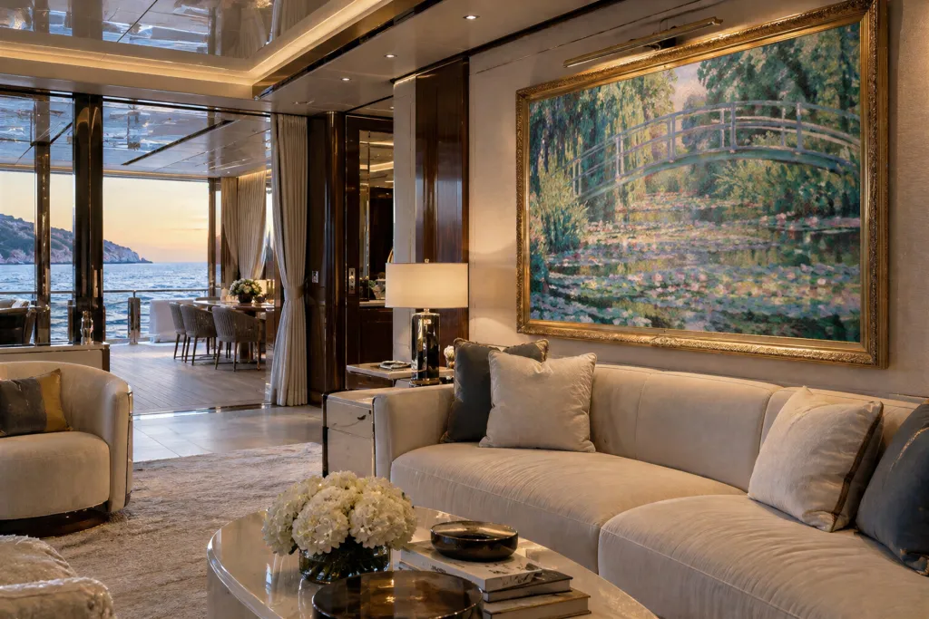 Superyacht saloon with a large water lily painting above a sofa, the sea at sunset beyond