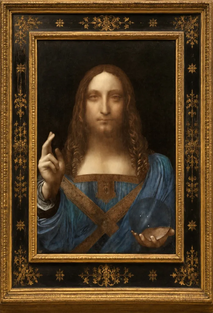 Leonardo da Vinci's Salvator Mundi in a black and gold frame