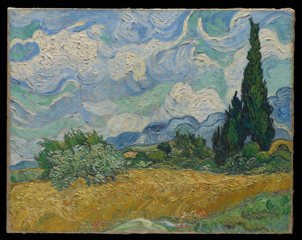 Vincent van Gogh's Wheat Field with Cypresses: a golden wheat field under a swirling blue and white sky, with a tall dark green cypress on the right